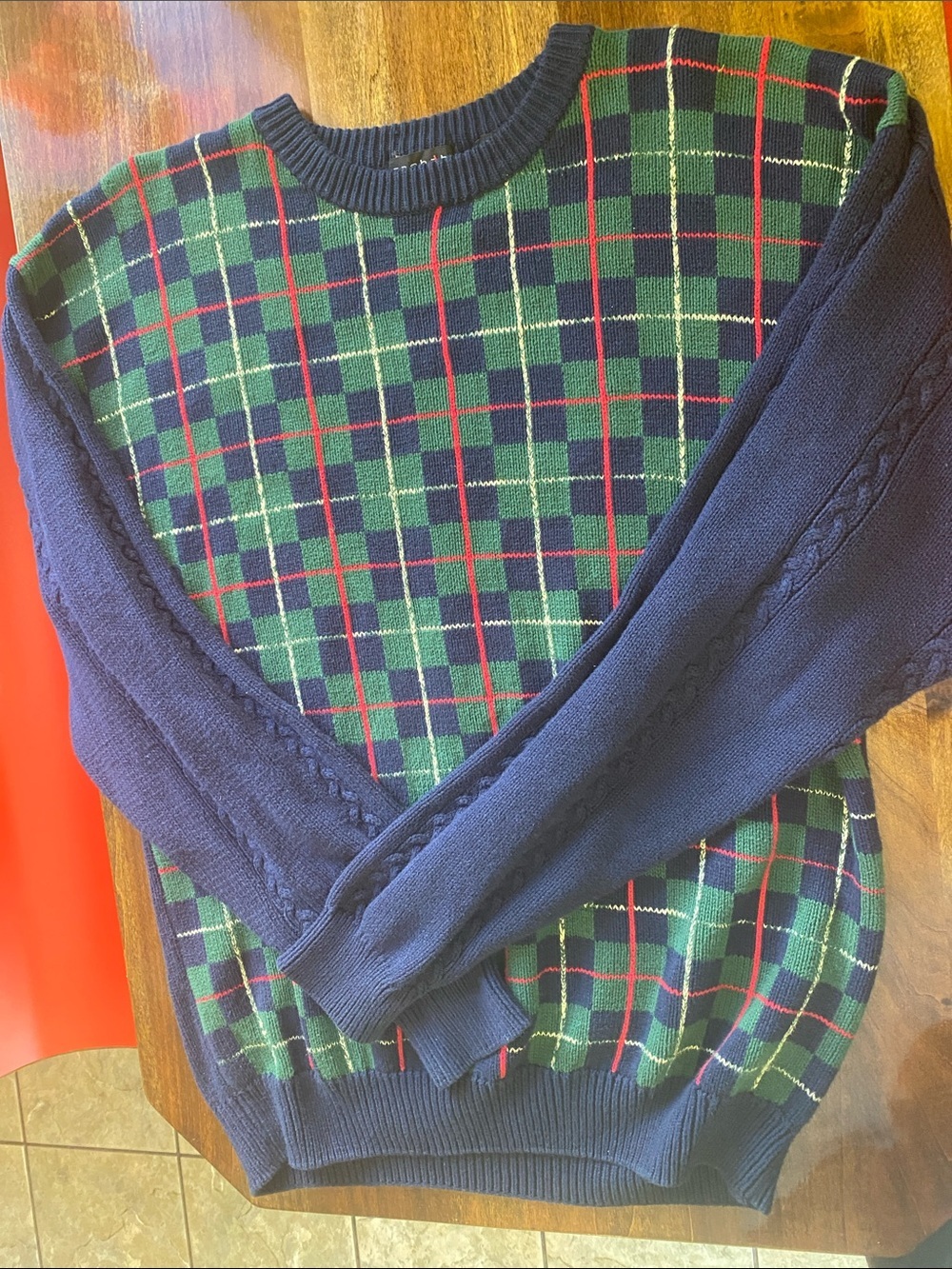 Men's Casbah Green & Navy Plaid Crewneck Sweater 100% cotton